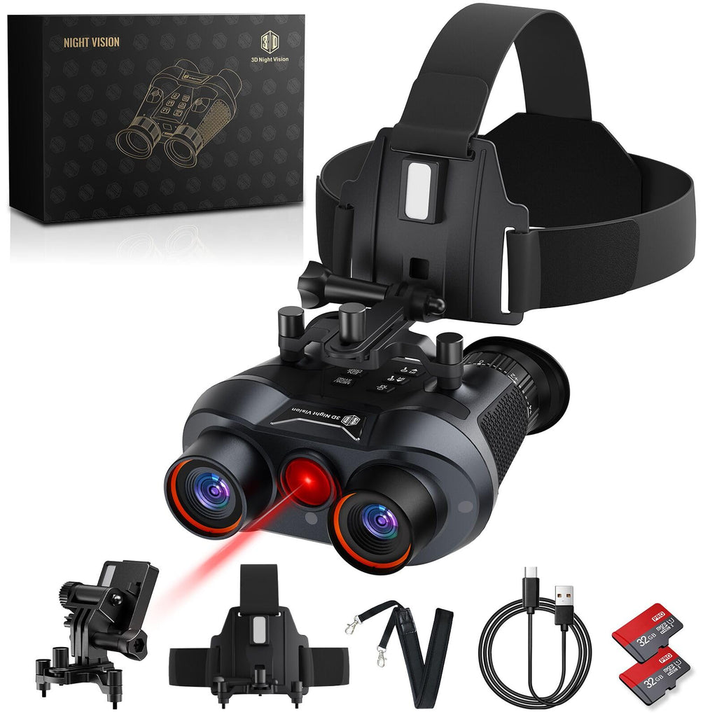 3D VR Infrared Night Vision Goggles - 7-Level IR Head Mounted Binoculars with Auto Wake, 36MP UHD Photos, 4K Video, Built-in Large Screen,6X Zoom, 2×32GB TF Card for Camping Surveillance
