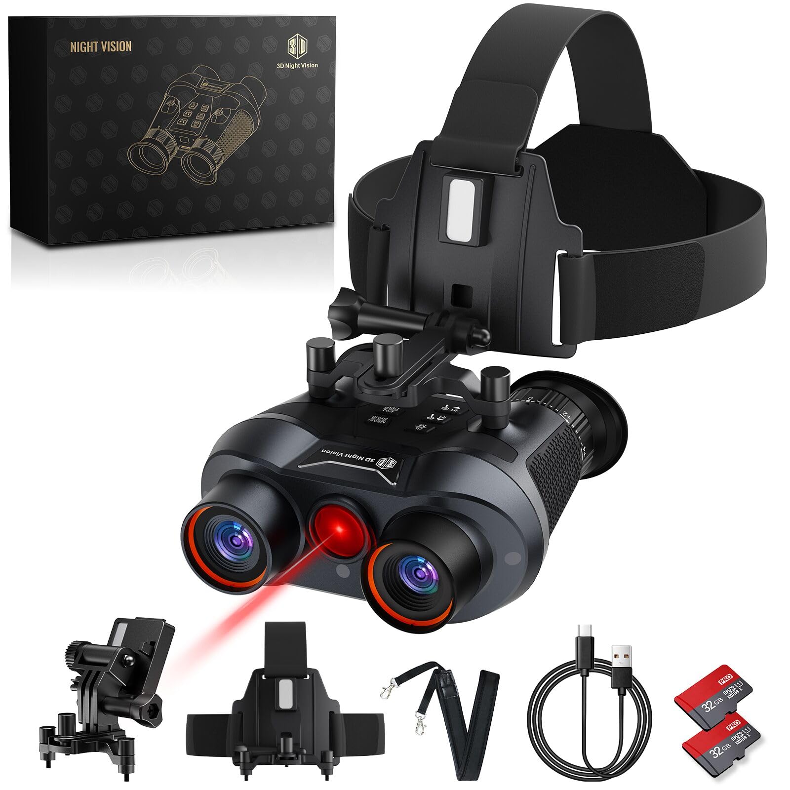 3D VR Infrared Night Vision Goggles - 7-Level IR Head Mounted Binoculars with Auto Wake, 36MP UHD Photos, 4K Video, Built-in Large Screen,6X Zoom, 2×32GB TF Card for Camping Surveillance