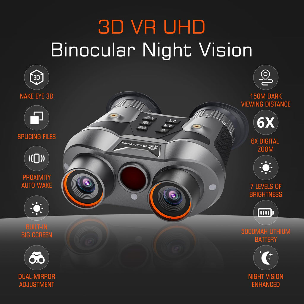 3D VR Infrared Night Vision Goggles - 7-Level IR Head Mounted Binoculars with Auto Wake, 36MP UHD Photos, 4K Video, Built-in Large Screen,6X Zoom, 2×32GB TF Card for Camping Surveillance