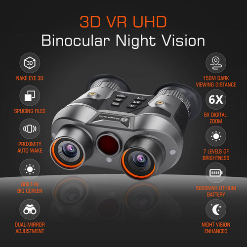 3D VR Infrared Night Vision Goggles - 7-Level IR Head Mounted Binoculars with Auto Wake, 36MP UHD Photos, 4K Video, Built-in Large Screen,6X Zoom, 2×32GB TF Card for Camping Surveillance
