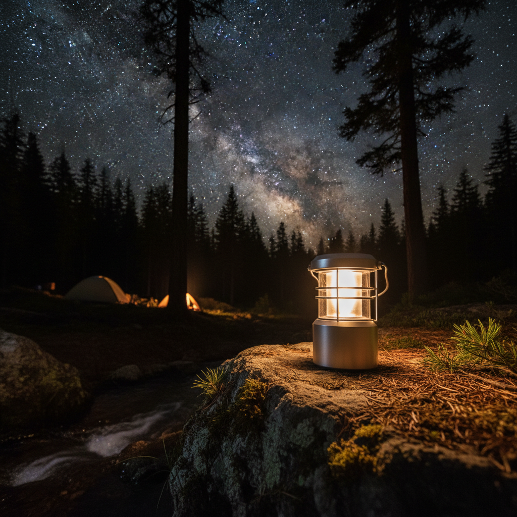 Portable LED camping lantern glowing at a forest campsite at night