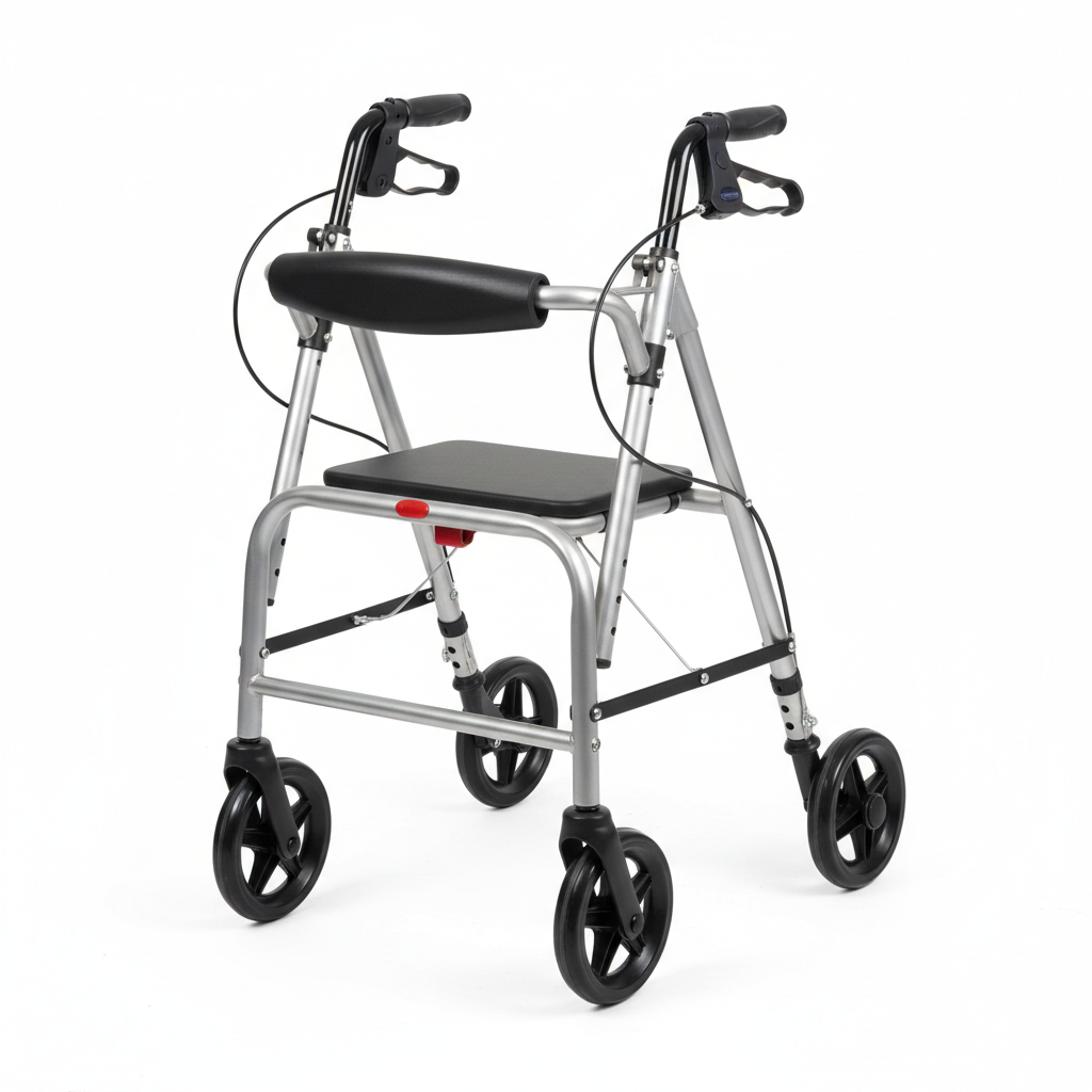 Lightweight folding walker with wheels and hand brakes on white background