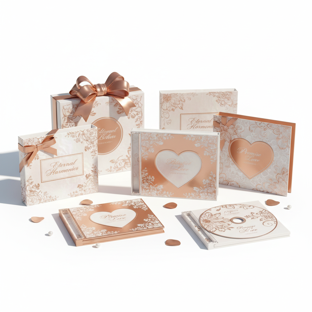 Elegant wedding love songs CD with rose gold and white romantic packaging