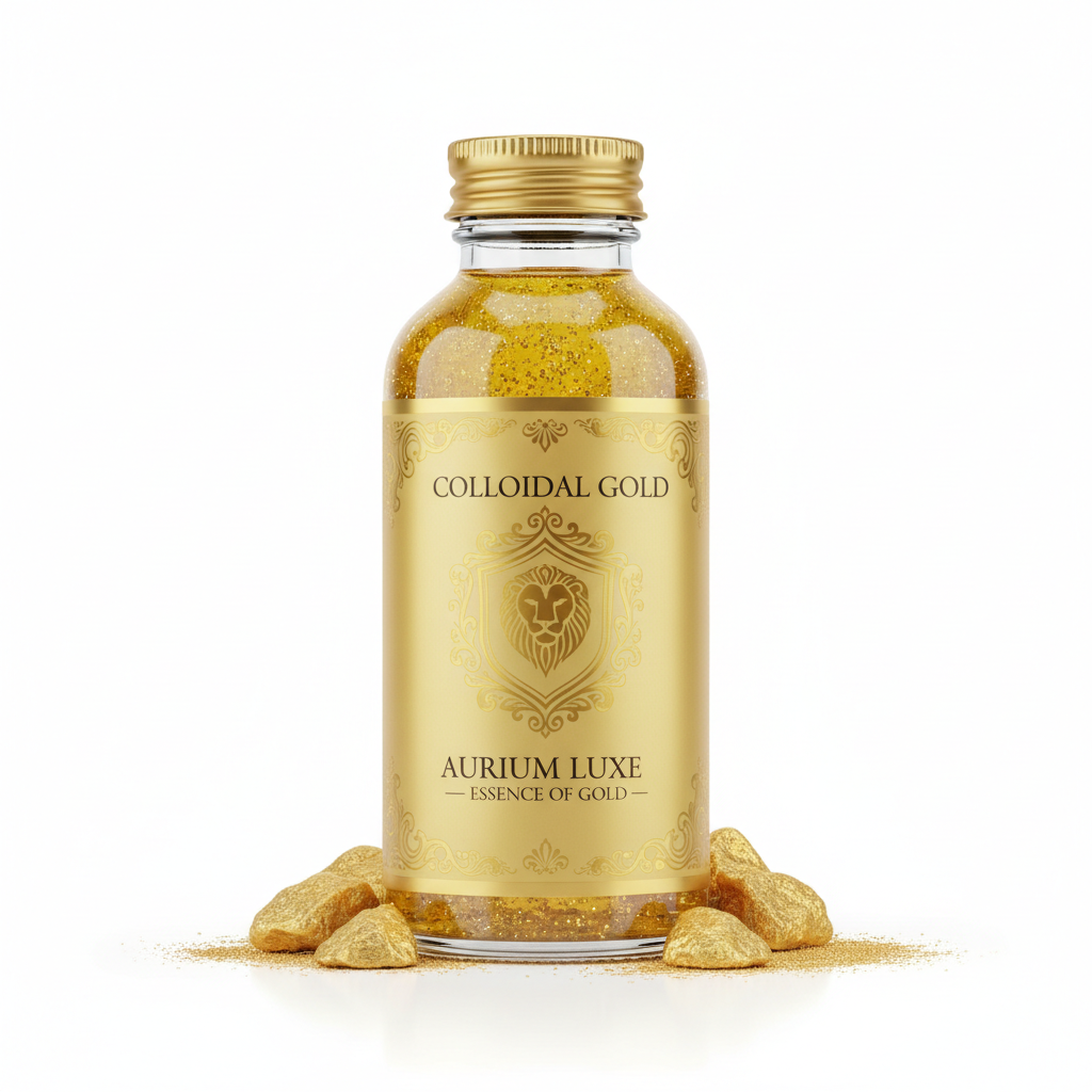 Premium colloidal gold supplement bottle with gold accents on white background