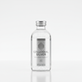 Premium colloidal silver supplement bottle with silver metallic accents on white background