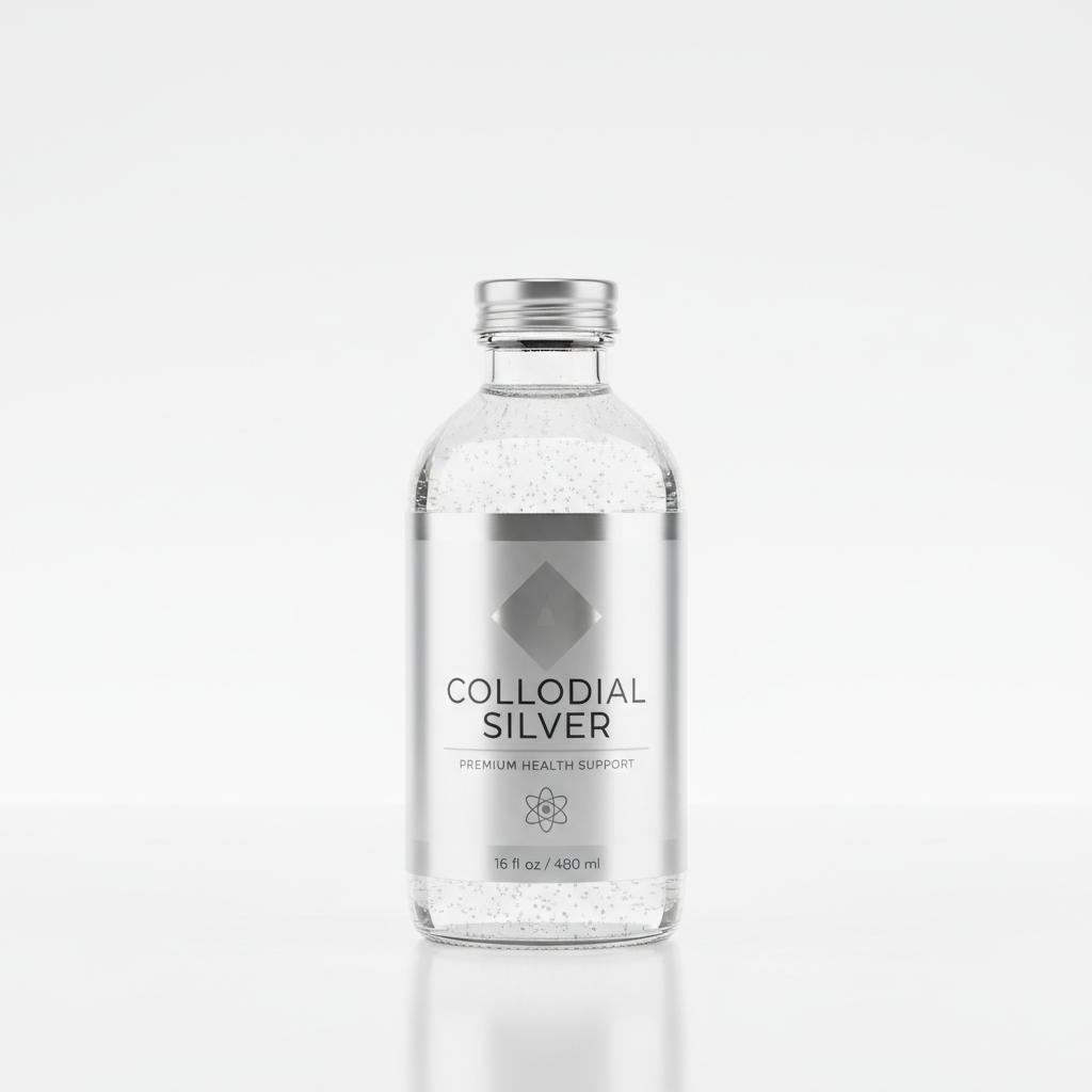Premium colloidal silver supplement bottle with silver metallic accents on white background