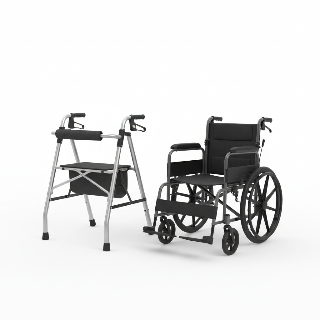 Lightweight folding walker and wheelchair on a clean white background