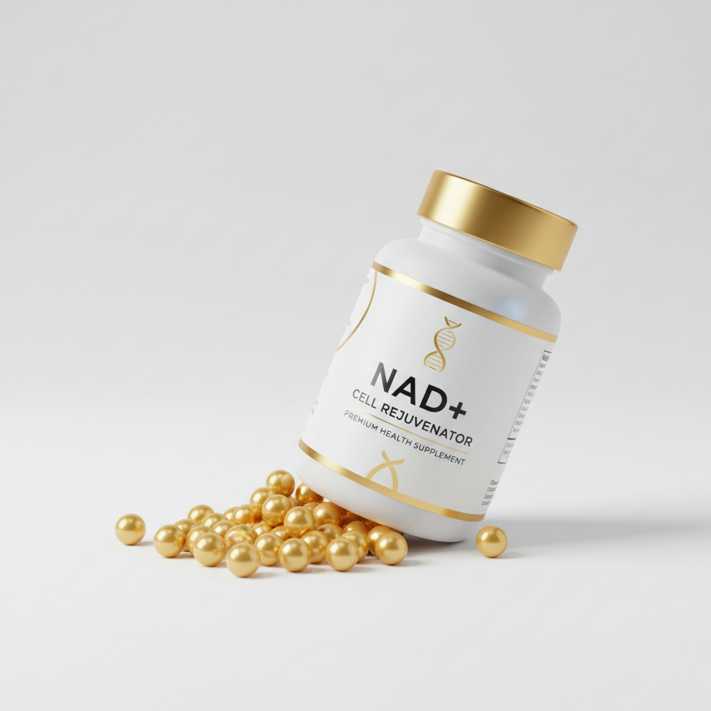 Premium NAD+ supplement bottle with golden capsules on white background